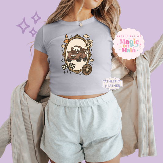 PRINTED RUSTY TRUCK COQUETTE  - WOMENS CROPPED RIBBED BABY TEE