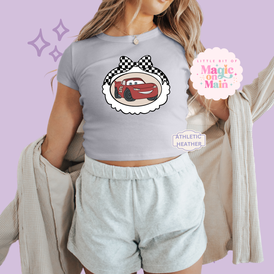 PRINTED RED CAR COQUETTE  - WOMENS CROPPED RIBBED BABY TEE