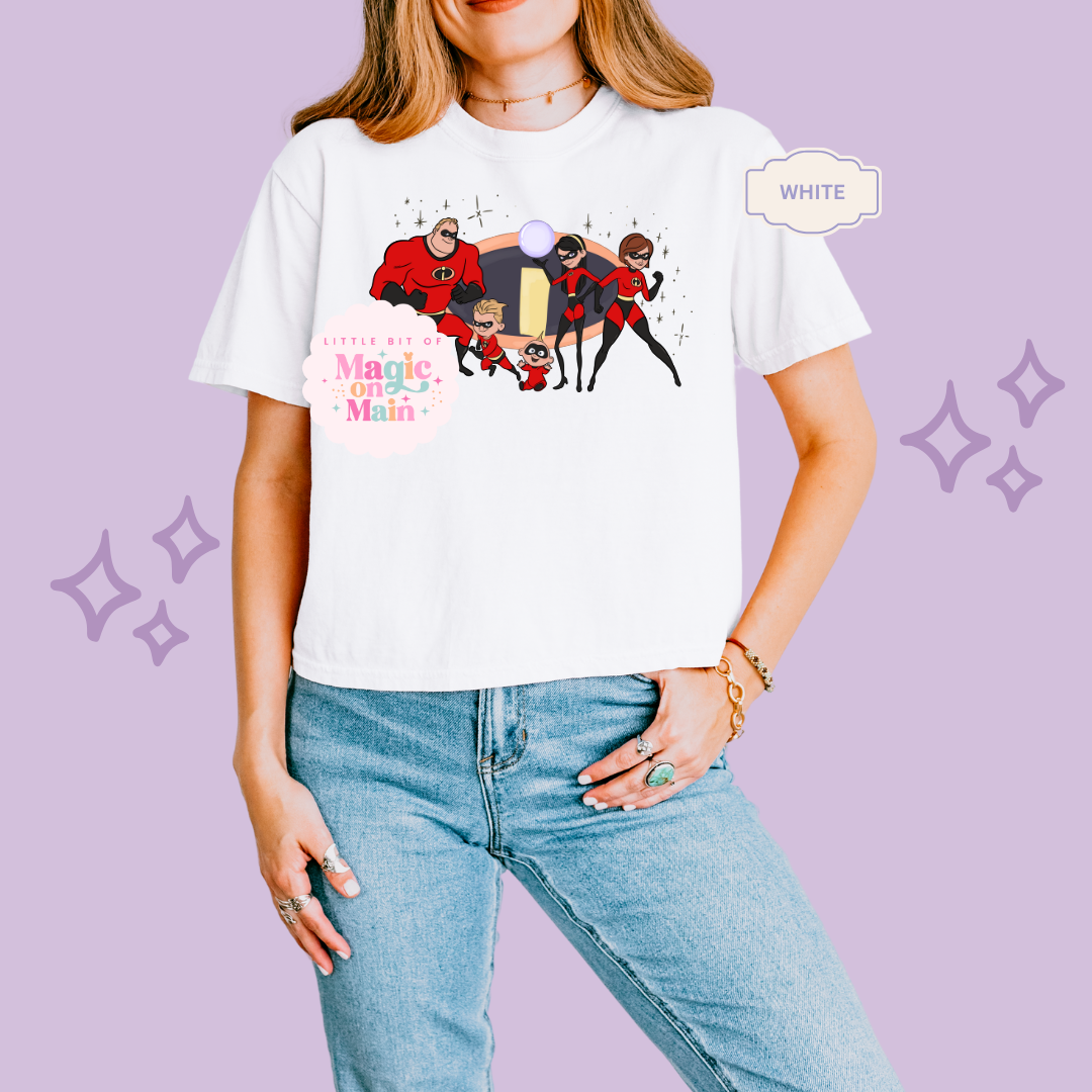 PRINTED SUPER HERO FAMILY W/SPARKLE - EXCLUSIVE TO MoM- WOMENS BOXY T-SHIRT