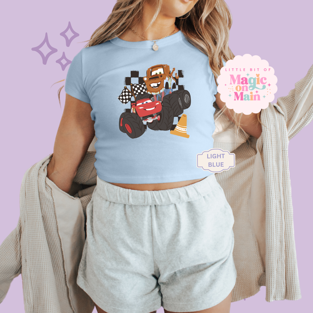 PRINTED CAR FRIENDS - WOMENS CROPPED RIBBED BABY TEE
