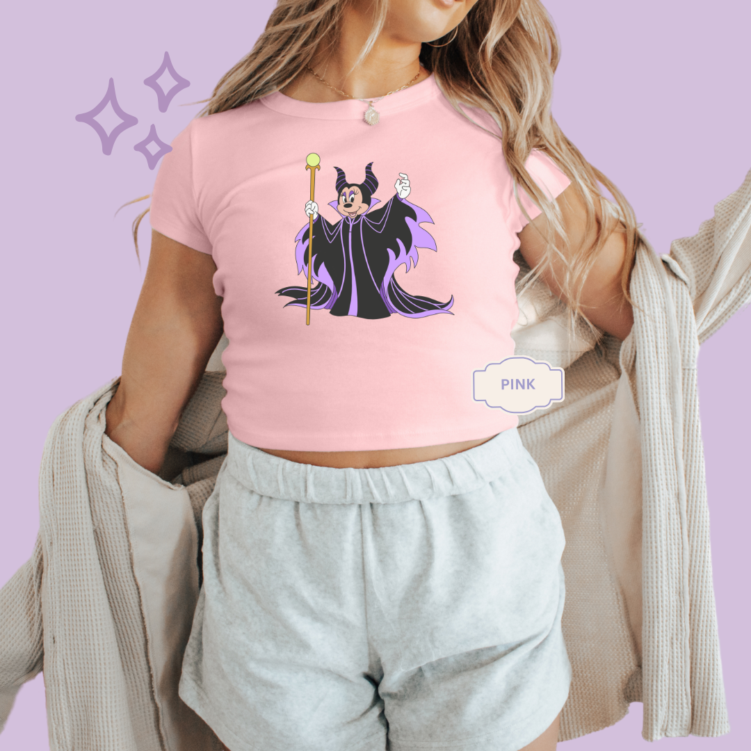 PRINTED MALEFICENT MINNIE - WOMENS CROPPED RIBBED BABY TEE