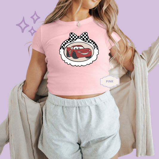 PRINTED RED CAR COQUETTE  - WOMENS CROPPED RIBBED BABY TEE