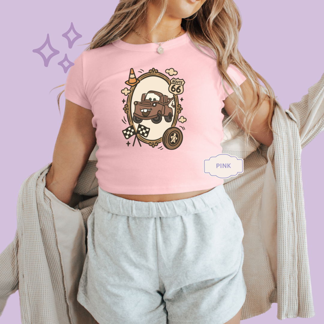 PRINTED RUSTY TRUCK COQUETTE  - WOMENS CROPPED RIBBED BABY TEE