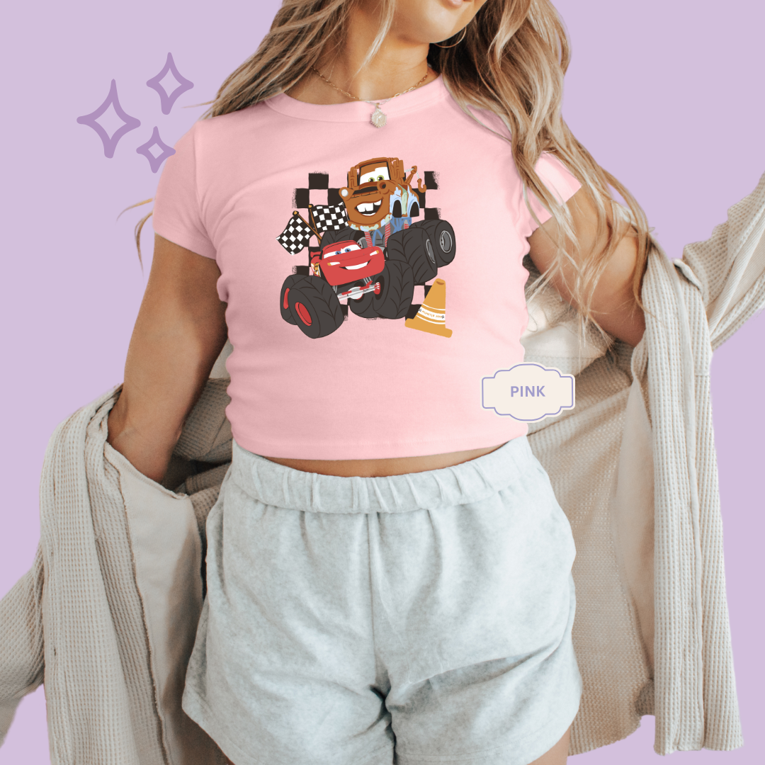 PRINTED CAR FRIENDS - WOMENS CROPPED RIBBED BABY TEE