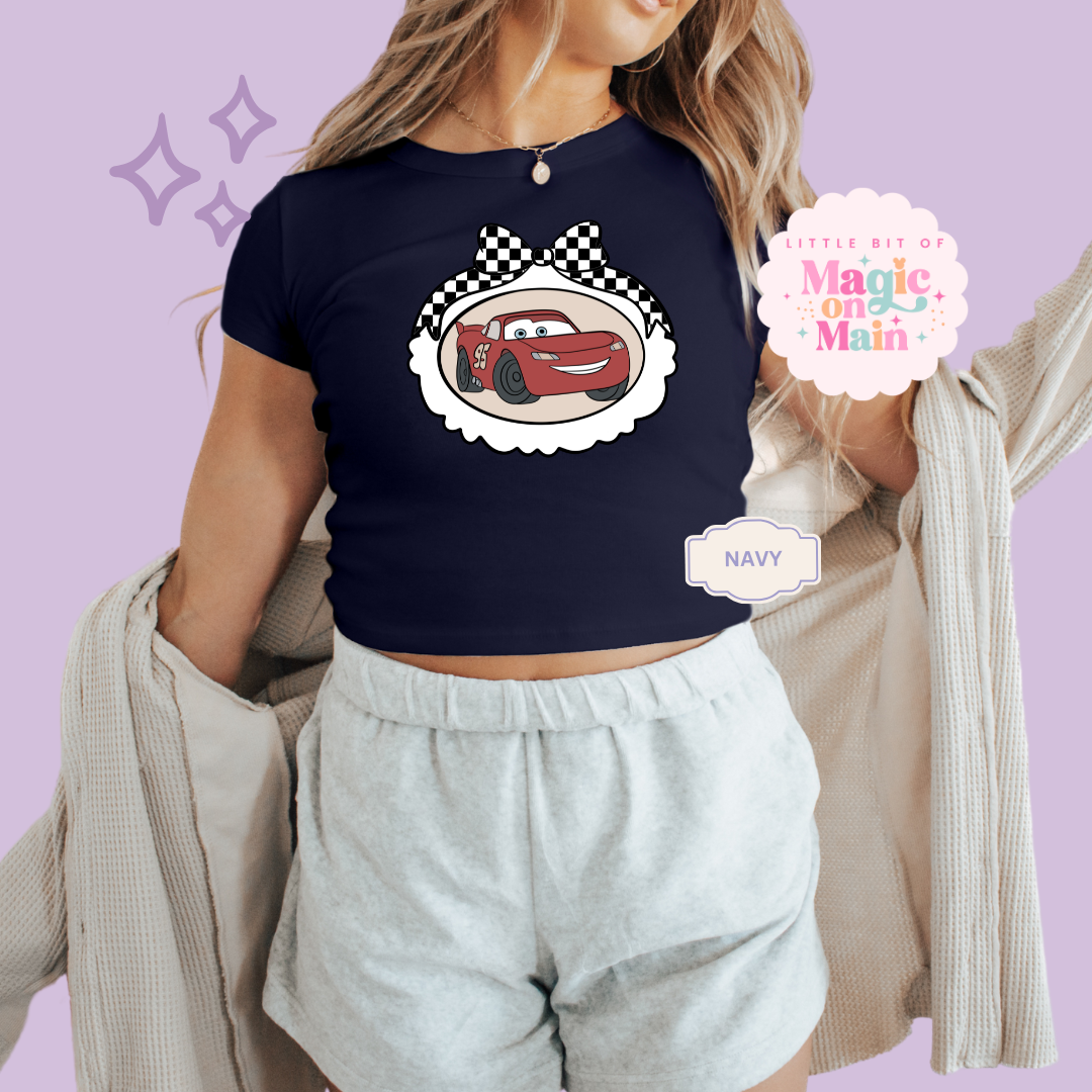 PRINTED RED CAR COQUETTE  - WOMENS CROPPED RIBBED BABY TEE