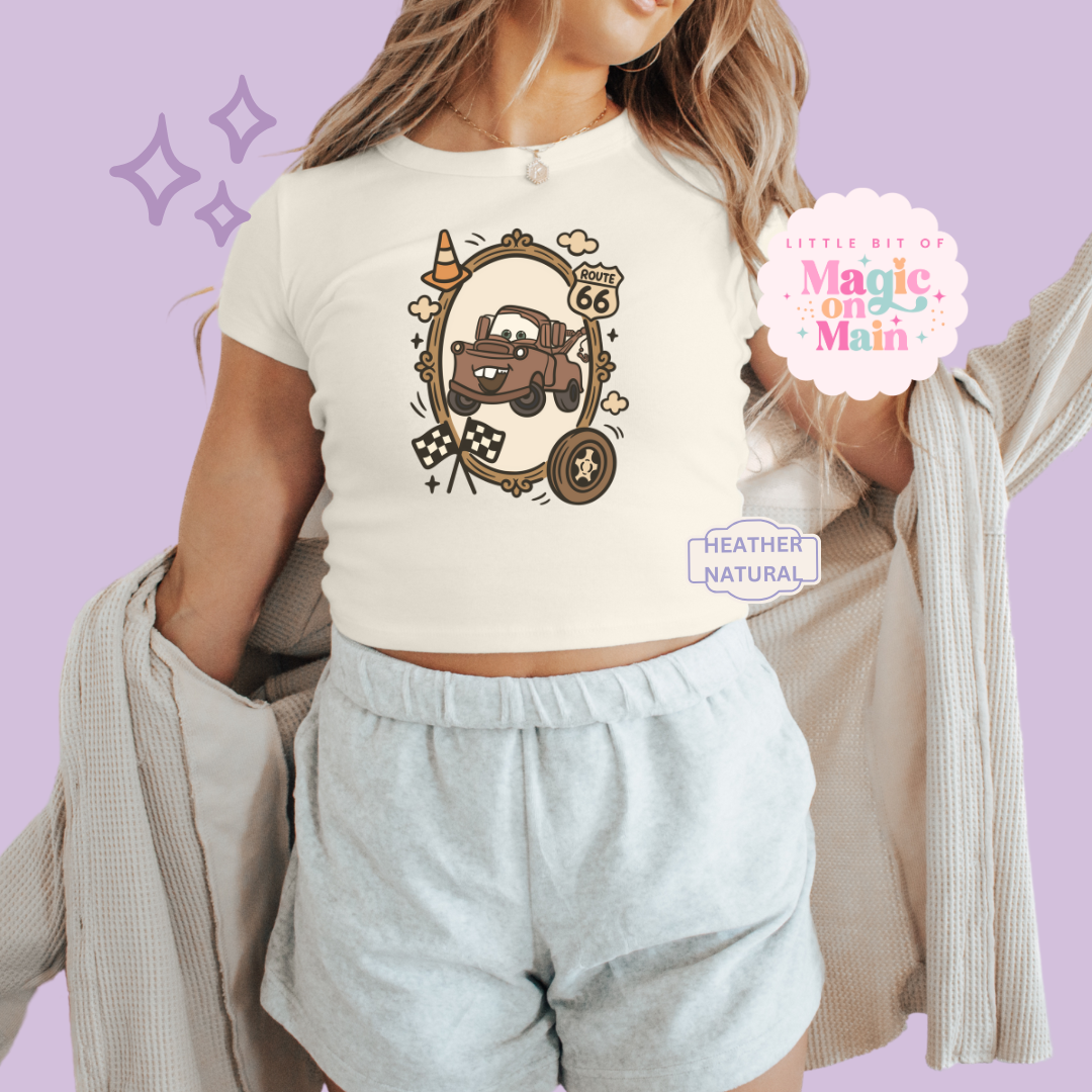 PRINTED RUSTY TRUCK COQUETTE  - WOMENS CROPPED RIBBED BABY TEE