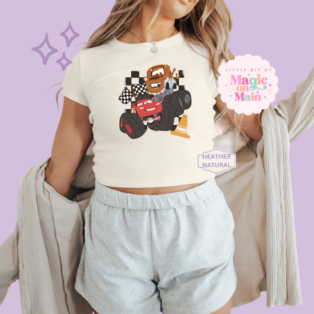 PRINTED CAR FRIENDS - WOMENS CROPPED RIBBED BABY TEE