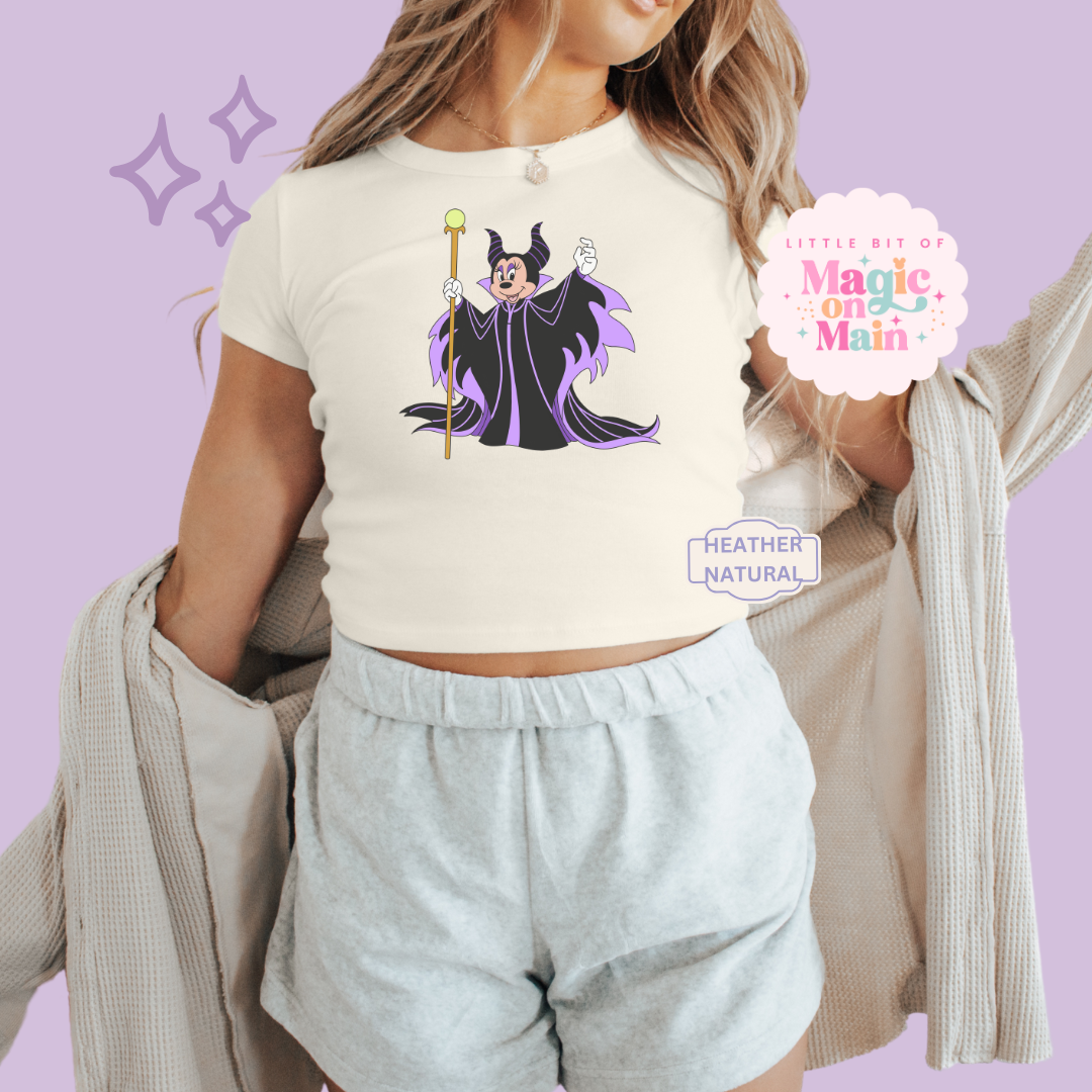 PRINTED MALEFICENT MINNIE - WOMENS CROPPED RIBBED BABY TEE