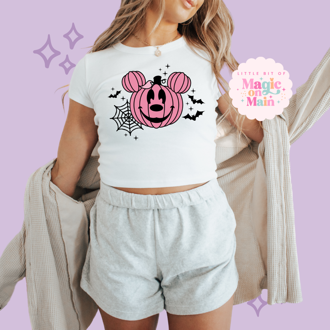 PRINTED PINK PUMPKIN - EXCLUSIVE TO MoM - WOMENS CROPPED RIBBED BABY TEE