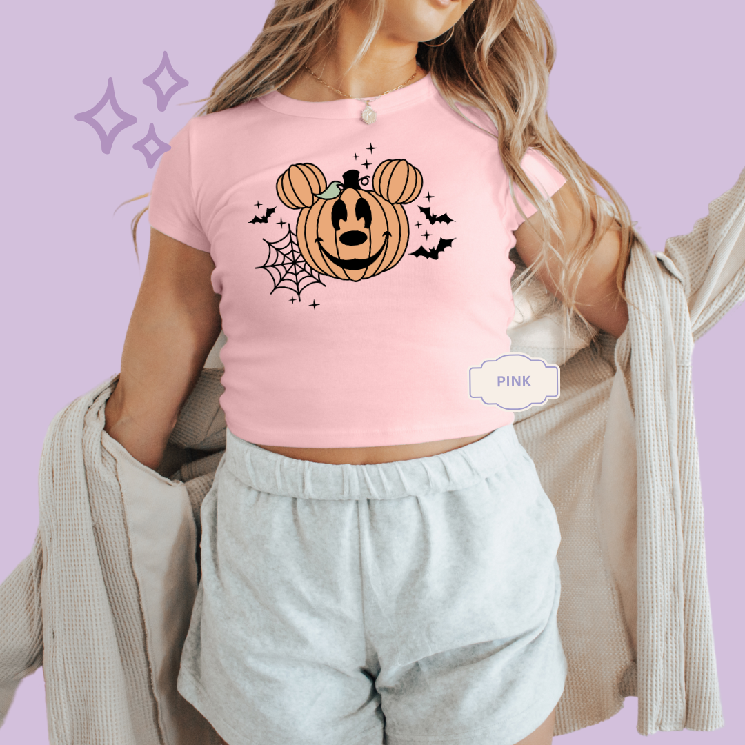 PRINTED ORANGE PUMPKIN - EXCLUSIVE TO MoM - WOMENS CROPPED RIBBED BABY TEE