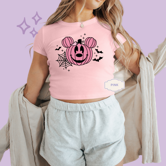 PRINTED PINK PUMPKIN - EXCLUSIVE TO MoM - WOMENS CROPPED RIBBED BABY TEE