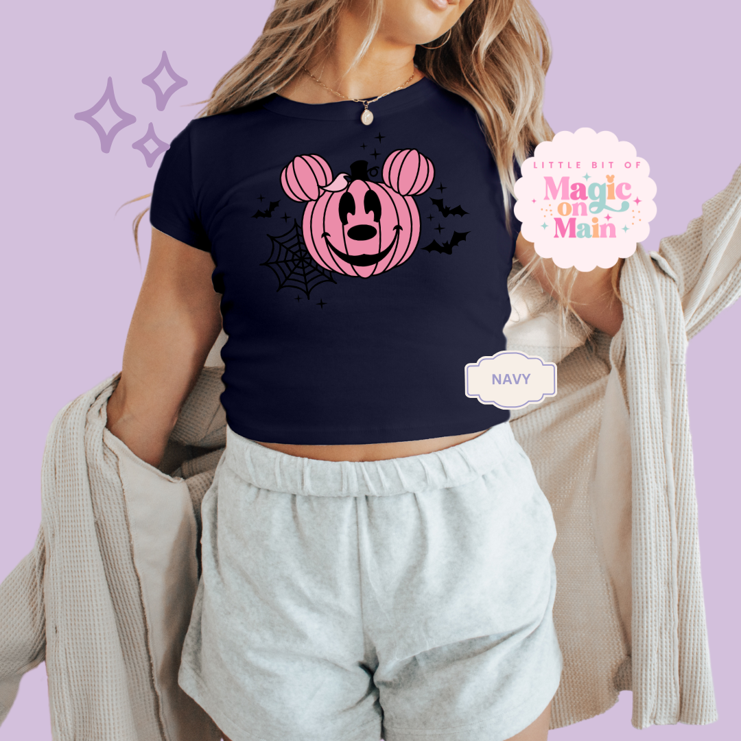 PRINTED PINK PUMPKIN - EXCLUSIVE TO MoM - WOMENS CROPPED RIBBED BABY TEE