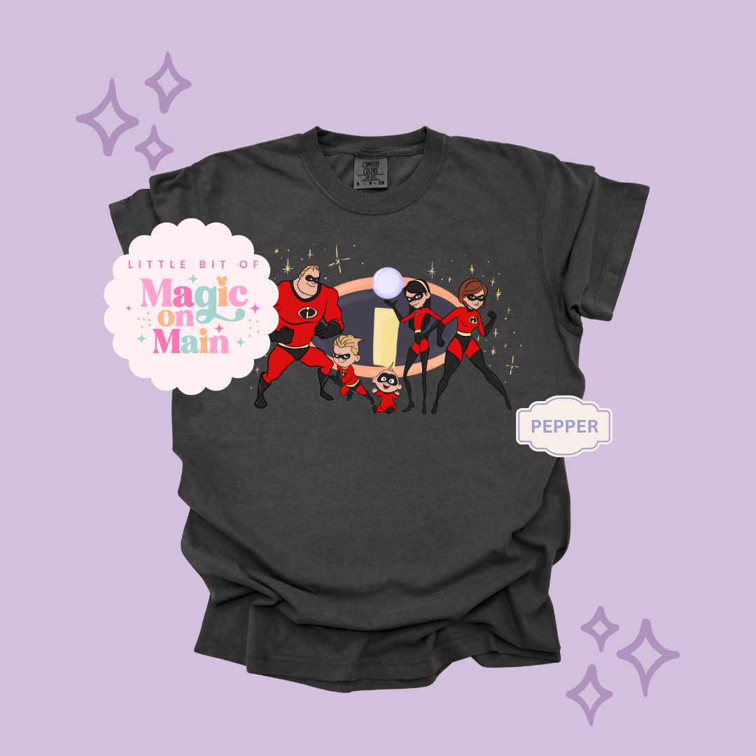 PRINTED SUPER HERO FAMILY W/SPARKLE - EXCLUSIVE TO MoM - ADULT T-SHIRT