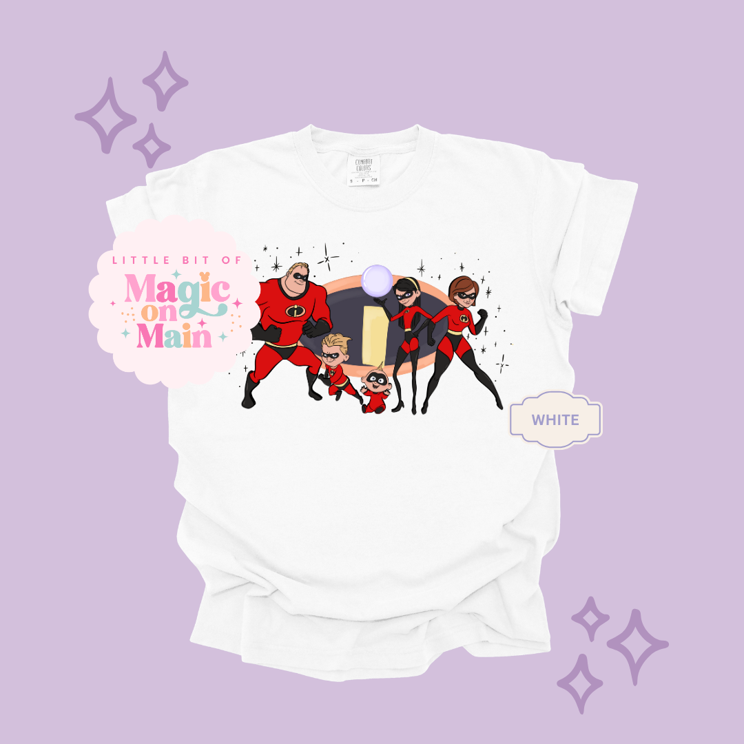 PRINTED SUPER HERO FAMILY W/SPARKLE - EXCLUSIVE TO MoM - ADULT T-SHIRT