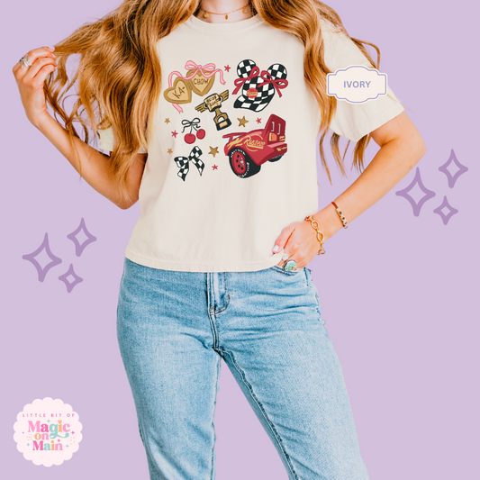 PRINTED RED CAR ELEMENTS COQUETTE - WOMENS BOXY T-SHIRT