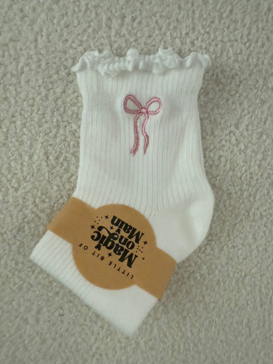 RTS EMBROIDERED PINK BOW RUFFLE SOCKS - WOMENS SIZE 5-9