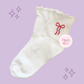 PREORDER - ANTICIPATED SHIP DATE  MARCH 1ST-15TH - EMBROIDERED RED COQUETTE BOWS - WOMEN'S RUFFLE SOCKS (10019)