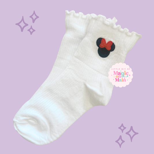 PREORDER - ANTICIPATED SHIP DATE FEB 1ST to 15TH - EMBROIDERED MNIE BOW - WOMEN'S RUFFLE SOCKS (10021)