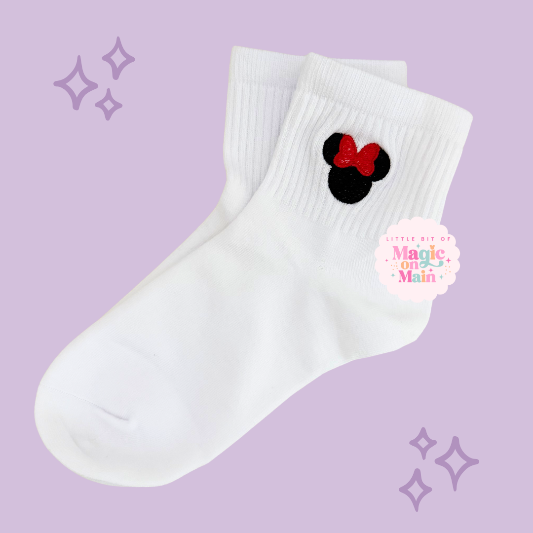 PREORDER - ANTICIPATED SHIP DATE  MARCH 1ST-15TH- EMBROIDERED MNIE BOW  - WOMEN'S CREW SOCKS (10021)