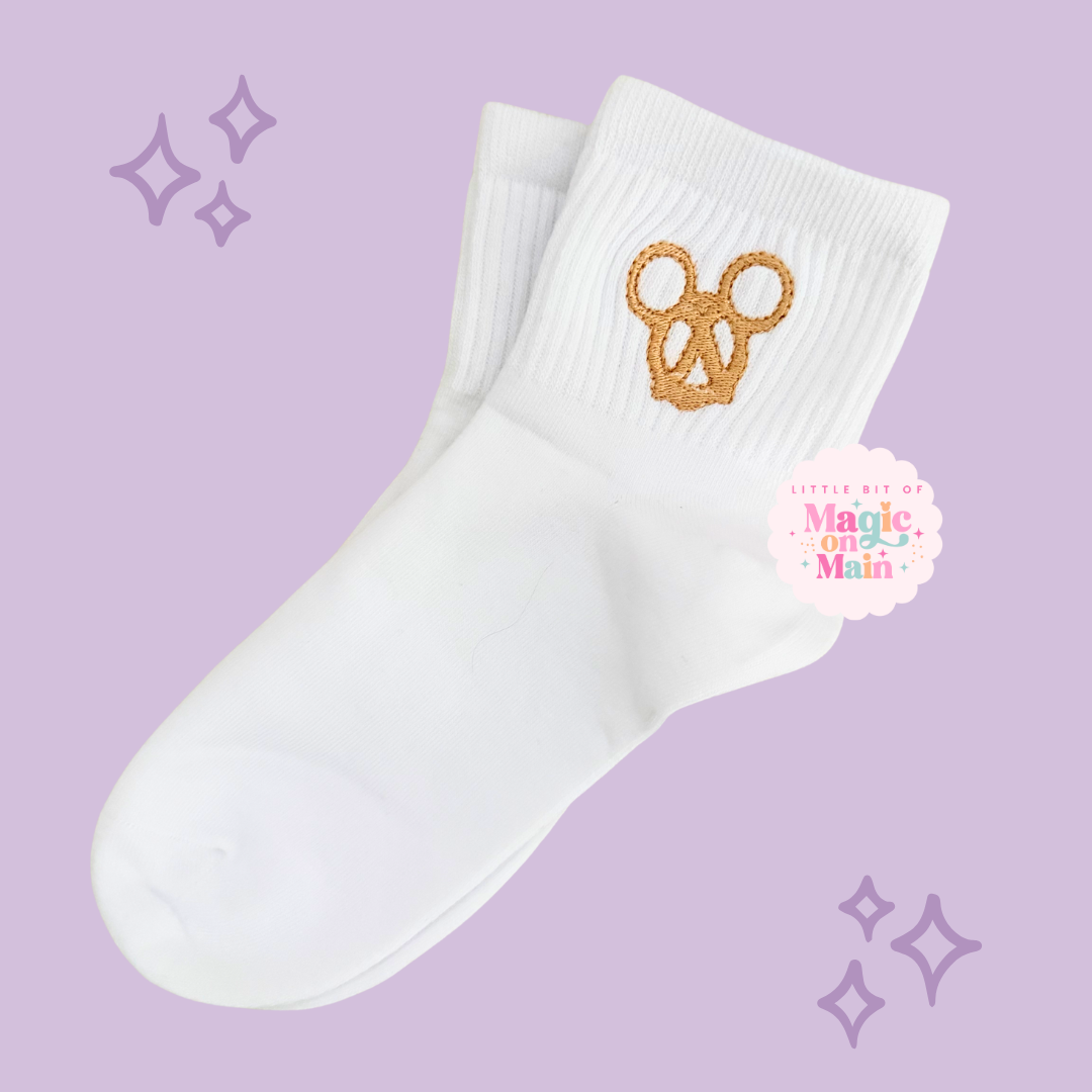 PREORDER - ANTICIPATED SHIP DATE  MARCH 1ST-15TH EMBROIDERED - MCKY PRETZEL - WOMEN'S CREW SOCKS (10024)