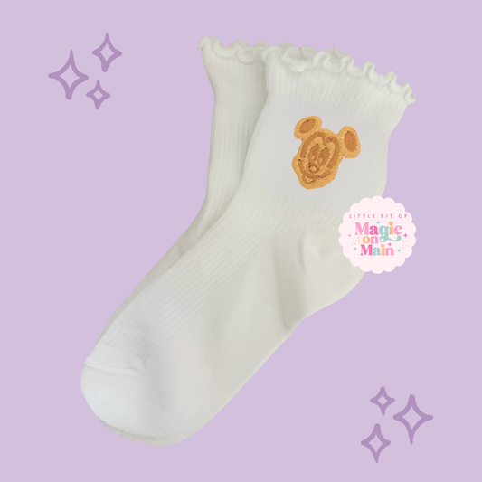 PREORDER - ANTICIPATED SHIP DATE FEB 1ST to 15TH - EMBROIDERED MKY WAFFLE - WOMEN'S RUFFLE SOCKS (10025)