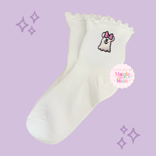PREORDER - ANTICIPATED SHIP DATE JUNE 1ST - 15TH - EMBROIDERED PINK GHOST - WOMEN'S RUFFLE SOCKS 10051