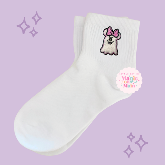 PREORDER - ANTICIPATED SHIP DATE JUNE 1ST - 15TH - EMBROIDERED PINK GHOST - WOMEN'S CREW SOCKS 10051