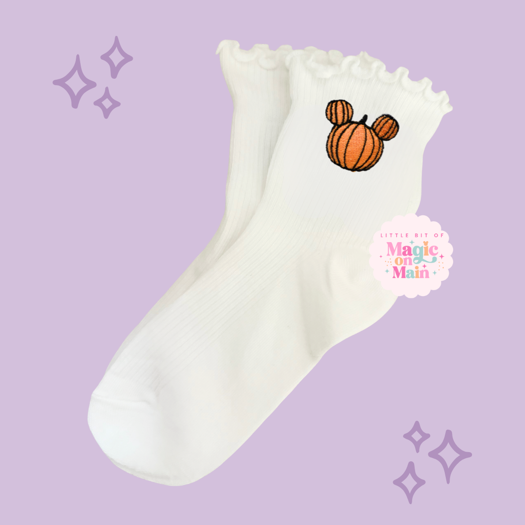PREORDER - ANTICIPATED SHIP DATE JUNE 1ST - 15TH - EMBROIDERED ORANGE PUMPKIN - WOMEN'S RUFFLE SOCKS 10058