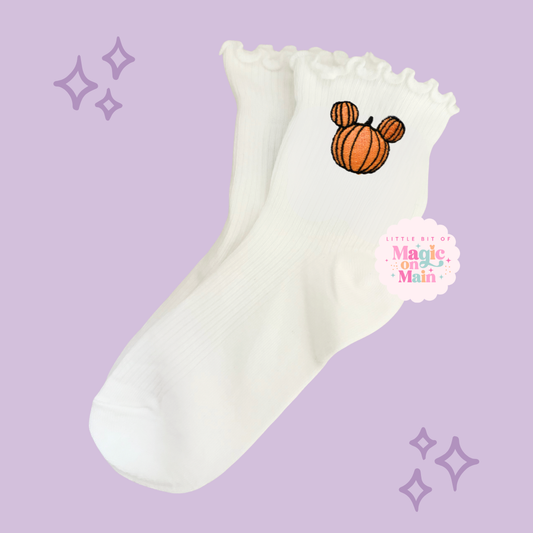 PREORDER - ANTICIPATED SHIP DATE JUNE 1ST - 15TH - EMBROIDERED ORANGE PUMPKIN - WOMEN'S RUFFLE SOCKS 10058