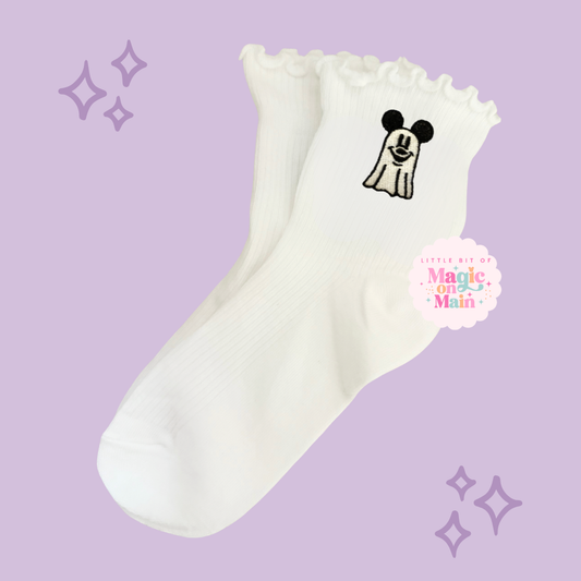 PREORDER - ANTICIPATED SHIP DATE JUNE 1ST - 15TH - EMBROIDERED MCKY GHOST - WOMEN'S RUFFLE SOCKS 10057