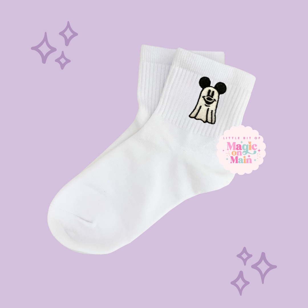 PREORDER - ANTICIPATED SHIP DATE JUNE 1ST - 15TH - EMBROIDERED MCKY GHOST - WOMEN'S CREW SOCKS 10057