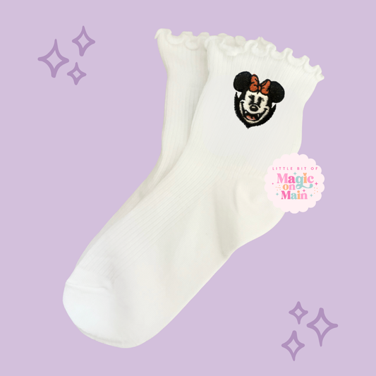 PREORDER - ANTICIPATED SHIP DATE JUNE 1ST - 15TH - EMBROIDERED MNIE VAMPIRE - WOMEN'S RUFFLE SOCKS 10059