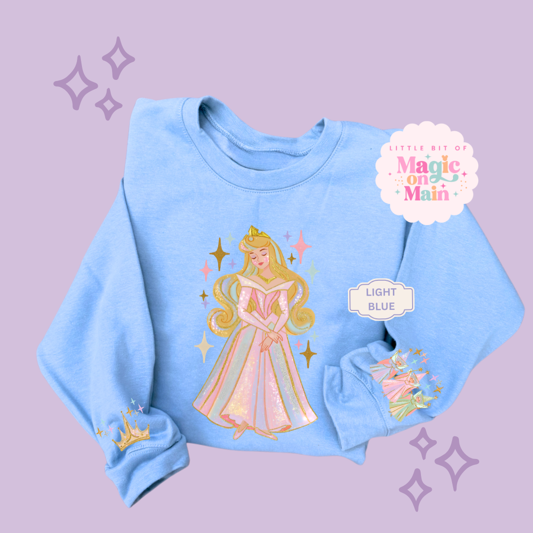 RTS  STORY SALE - PRINTED PRINCESS - SIZES S, M, L, XL, 2XL - LIGHT BLUE GILDAN SWEATSHIRT - FINAL SALE