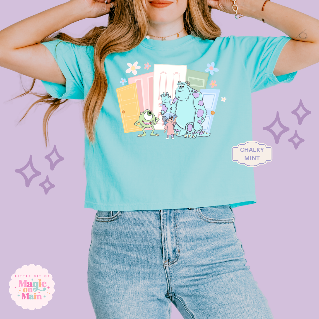 RTS  STORY SALE - PRINTED MONSTERS - SIZE S - CHALKY MINT WOMENS BOXY TEE - FINAL SALE